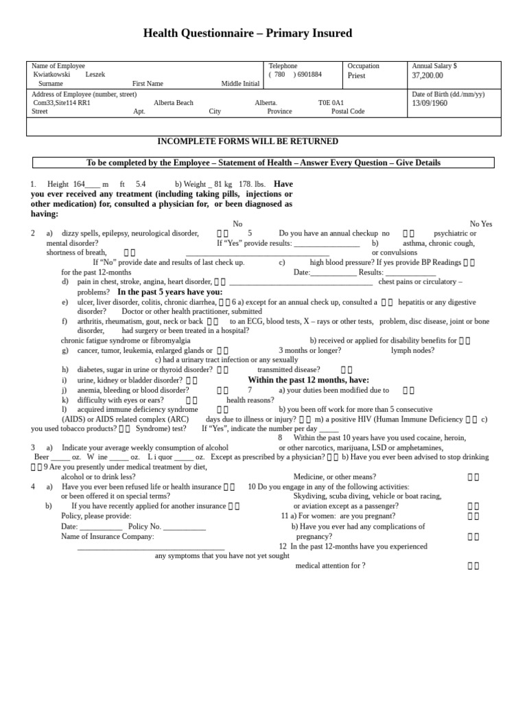MSH Primary Insured Health Questionnaire | PDF | Hiv/Aids ...