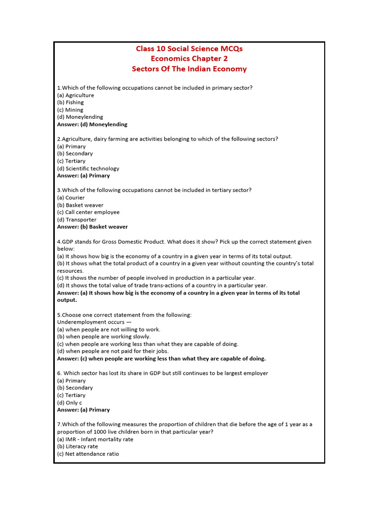 Class 10 Economics: Sectors MCQs | PDF | Employment | Gross Domestic ...