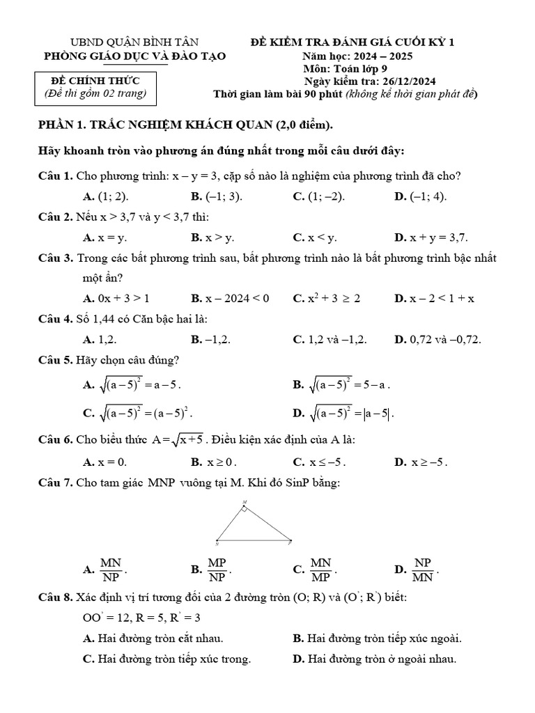 De Cuoi Ky 1 Toan 9 Nam 2024 2025 Phong GDDT Binh Tan TP HCM | PDF