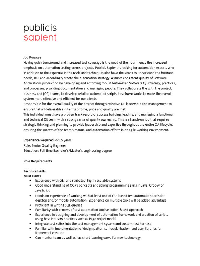Senior Quality Engineer Automation Role | PDF | Systems Engineering ...