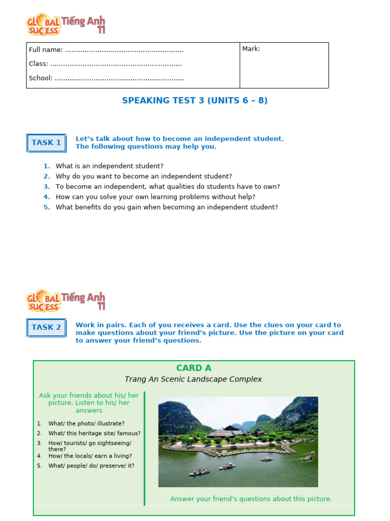 Speaking Test 3 (Units 6-8) | PDF
