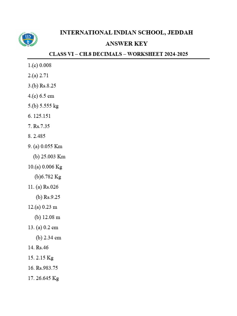 Vi - CH.8 Decimals - Answer Key | PDF