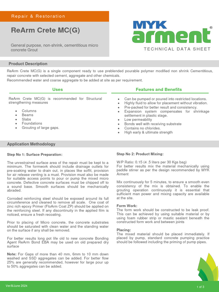 ReArm Crete MC(G) Technical Data Sheet | PDF | Concrete | Cement