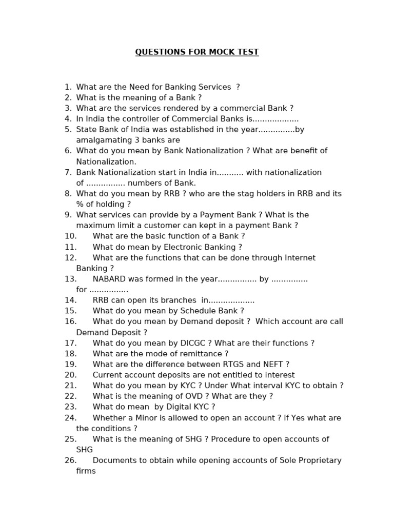 Banking Services Mock Test Questions | PDF | Banks | Financial Inclusion
