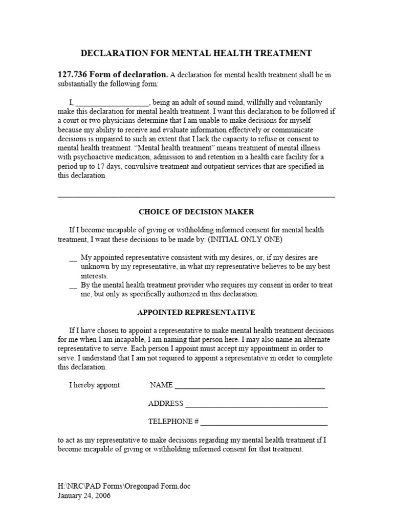 Mental Health Treatment Declaration Form | PDF | Mental Health ...