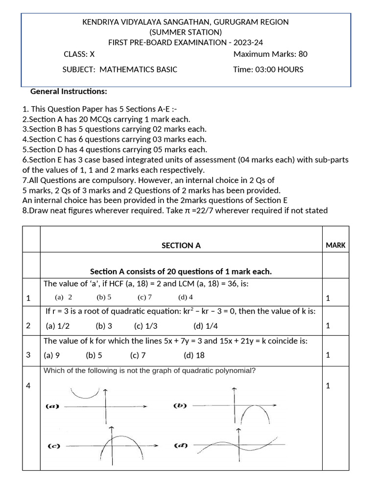 Class X Mathematics Pre-Board Exam 2023-24 | PDF
