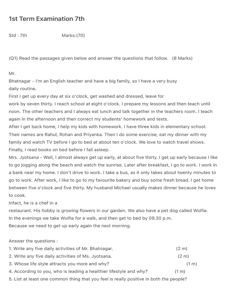 7th Grade English Exam | PDF | Spider