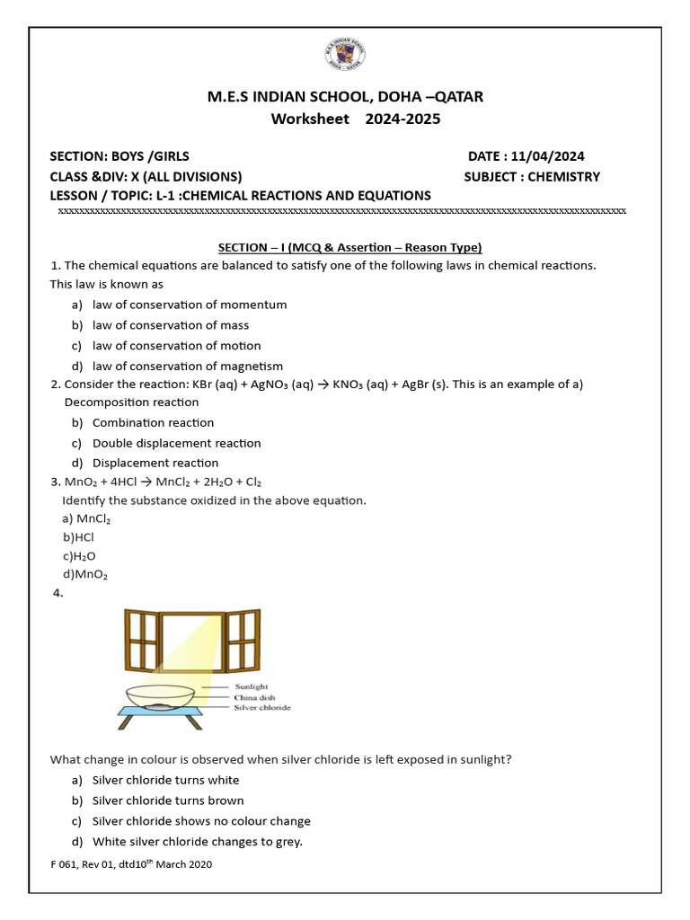 Chemistry Worksheet: Chemical Reactions | PDF | Chemical Reactions ...