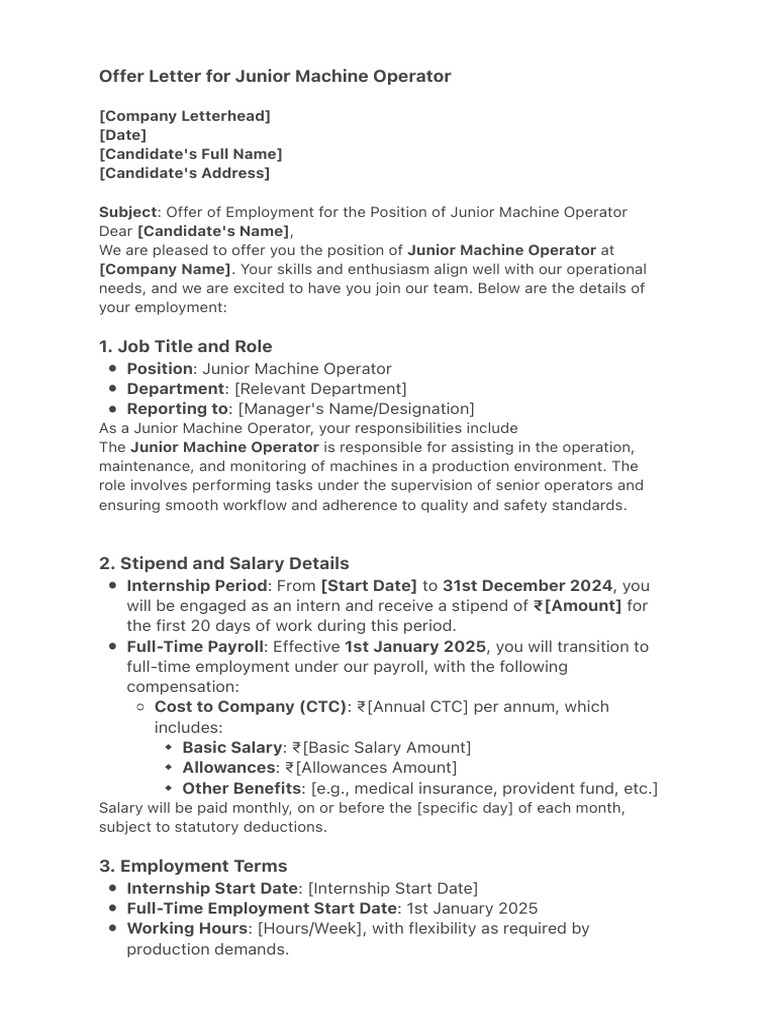 Offer Letter for Junior Machine Operator | PDF | Salary | Employment
