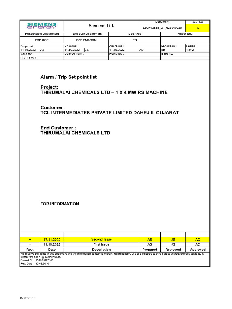 Thirumalai Chemicals Turbine Alarm Setpoints | PDF | Bearing ...