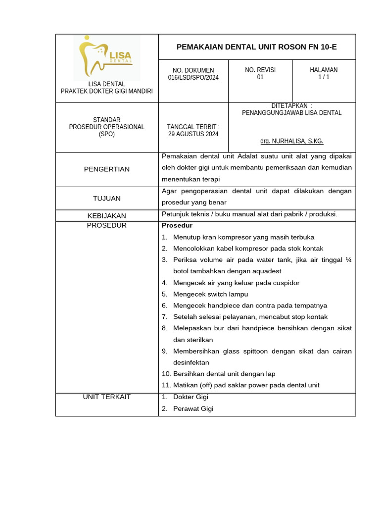 Prosedur Penggunaan Dental Unit Roson | PDF