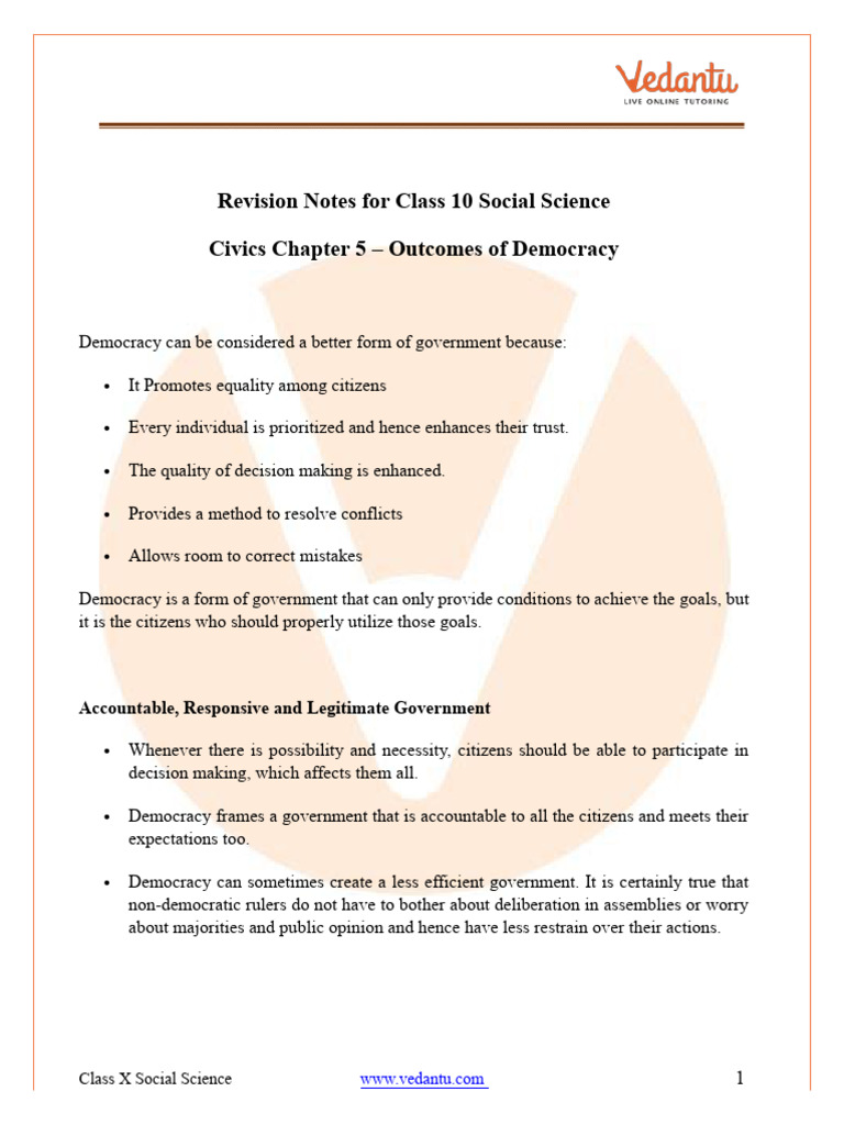 Outcomes of Democracy - Class 10 Notes | PDF | Democracy | Political ...