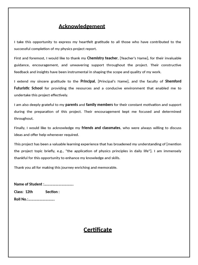 Class 12 Physics Project Acknowledgement | PDF