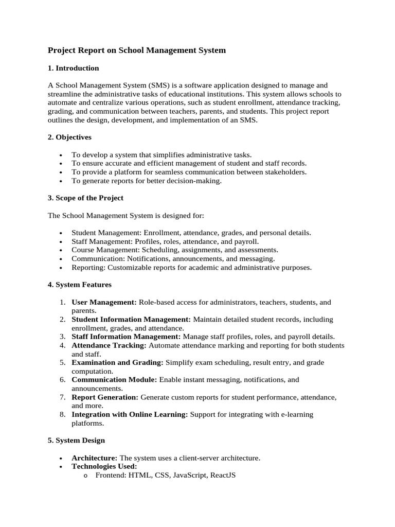 Project Report On School Management System Pdf Educational