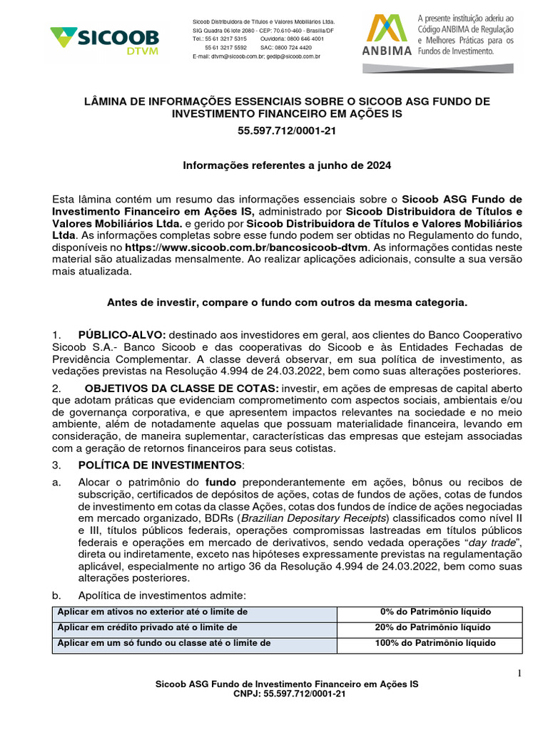 Lâmina de Informações Básicas SICCOB DTVM ASG IS | PDF | Derivativo  (finanças) | Investimentos