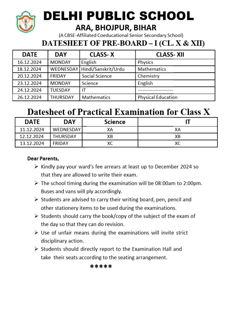Datesheet For Pre Board - 1 and Practical Examination For Class X and ...
