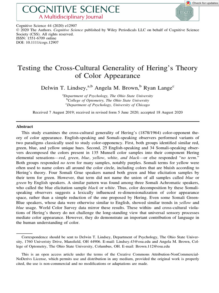 Cognitive Science - 2020 - Lindsey - Testing The Cross Cultural ...