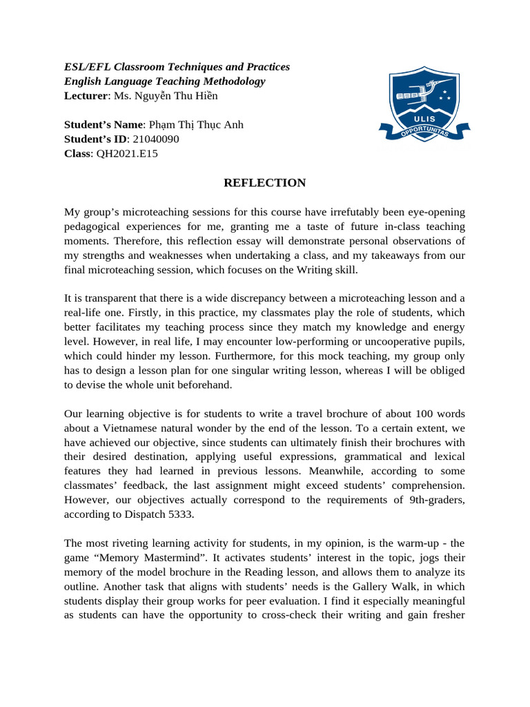 Microteaching Reflection on Writing Skills | PDF | English As A Second ...