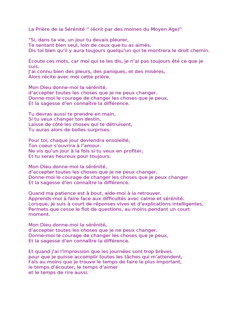 Priere De La Serenite Version Complete