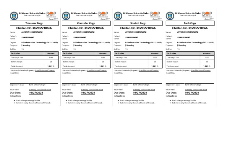JAVERIA SHAH NAWAZ - Challan - Form - of - Transcript Fee ... | PDF
