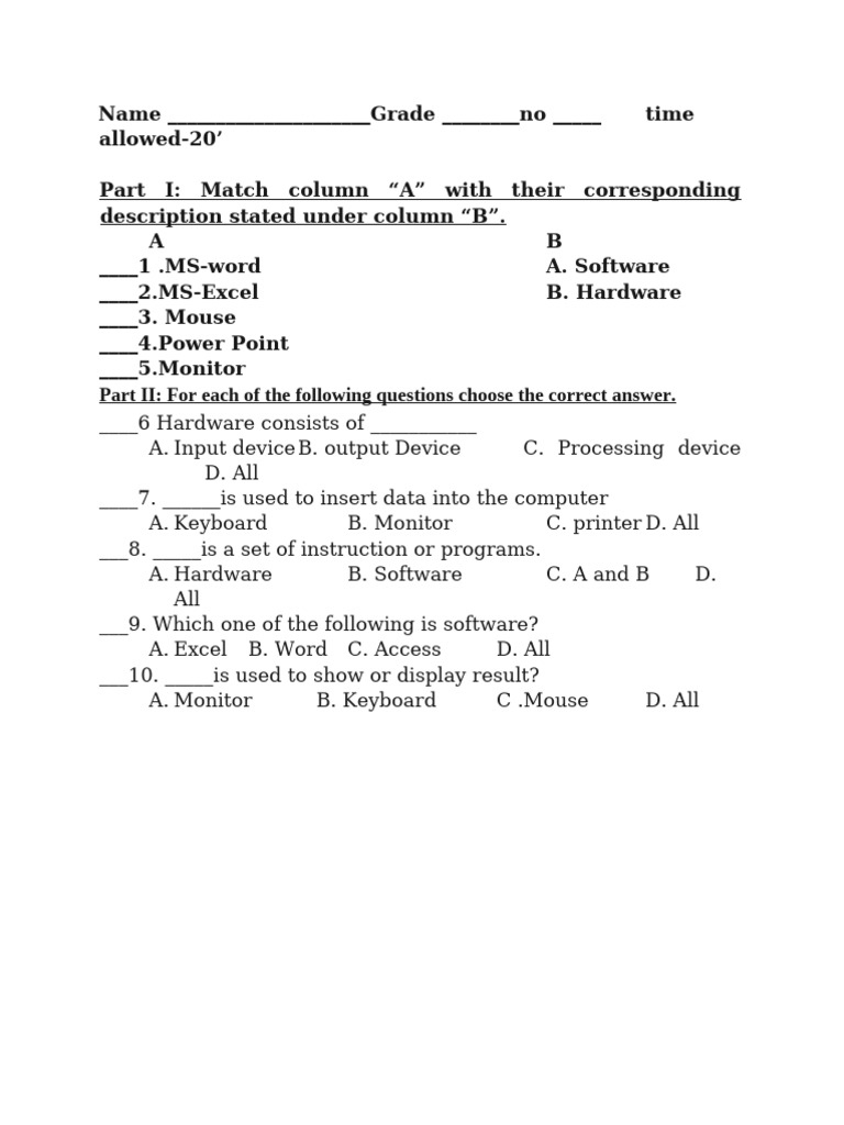 Grade 5 ICT Exam Practice Questions | PDF