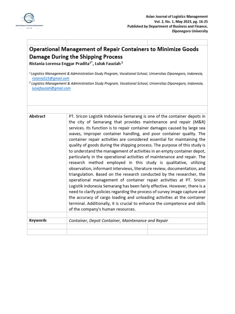 Operational Management of Repair Containers To Minimize Goods Damage ...