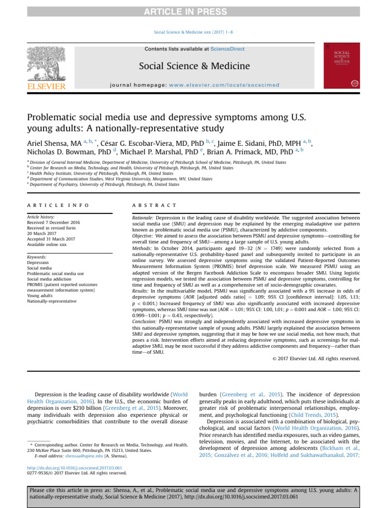 Problematic Social Media Use and Depressive Symptoms Among U.S. | PDF