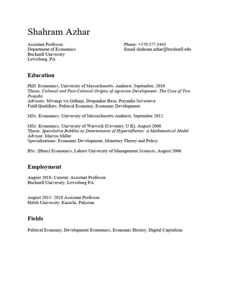Shah Ram Azhar CV November | PDF | Pakistan | Economics