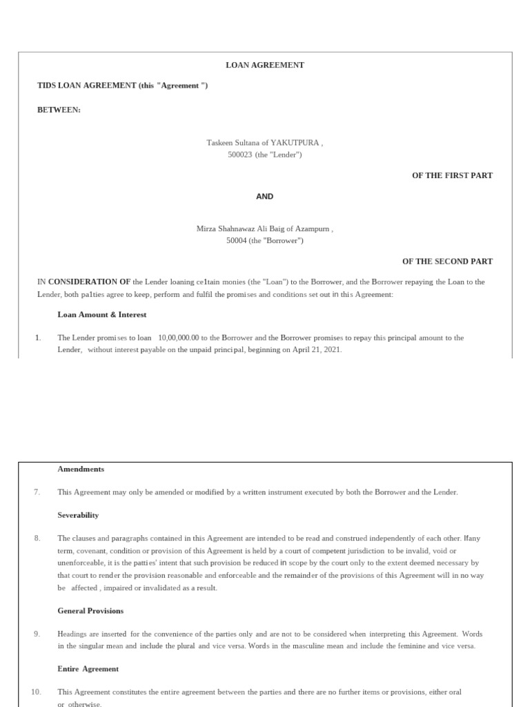 Loan Agreement Between Lender and Borrower | PDF | Loans | Expense