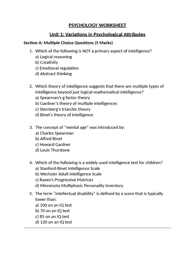 Psychology Worksheet on Intelligence Concepts | PDF | Intelligence ...