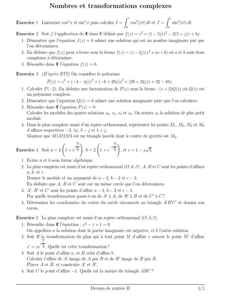 Exercices sur les Nombres Complexes et Transformations | PDF | Nombre ...