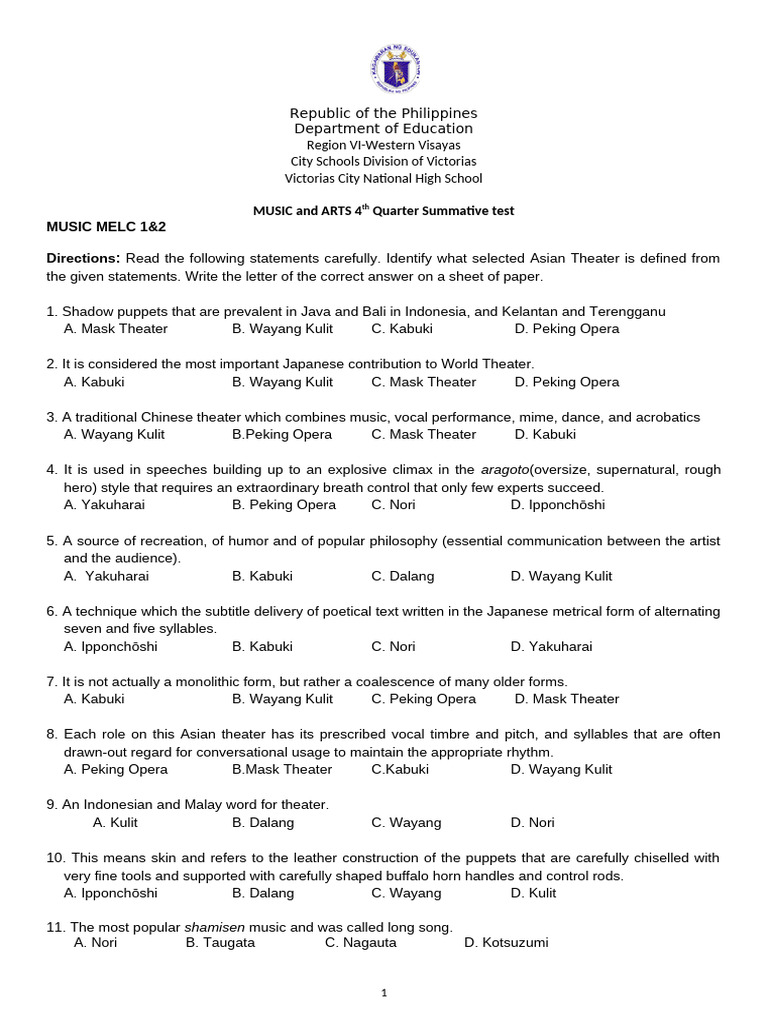 Asian Theater and Music Summative Test | PDF | Theatre | Performing Arts
