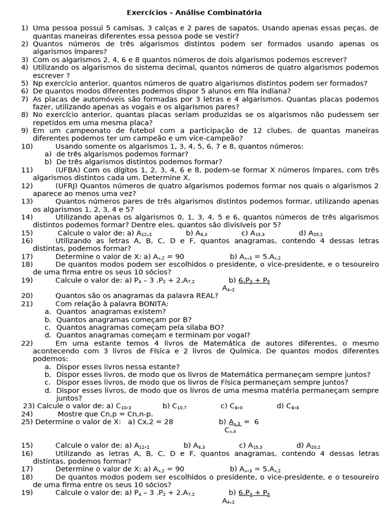 Exercícios de Análise Combinatória | PDF | Matemática
