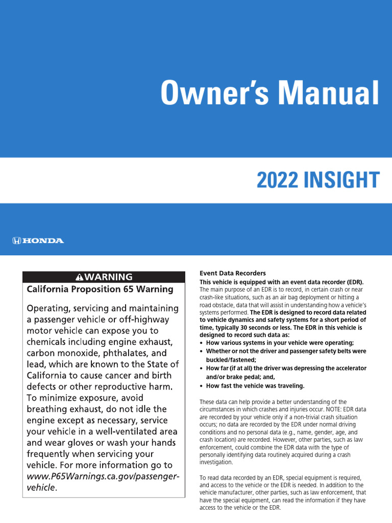 2022 Insight Owner's Manual EDR | PDF | Electric Vehicle | Hybrid Vehicle
