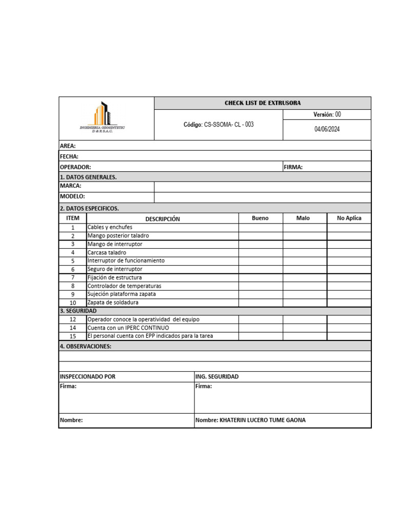 Cs - Ssoma - CL - 003 Check List de Extrusora | PDF