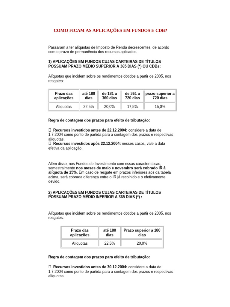 Tributação em Fundos e CDBs: Alíquotas IR | PDF | Comprovante de ...