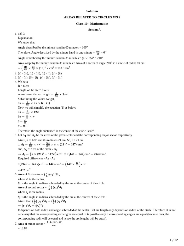Class 10 Circle Math Problems | PDF | Area | Circle