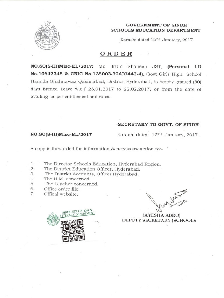 Order For 30 Days Earned Leave in Respect of Ms. Irum Shaheen | PDF