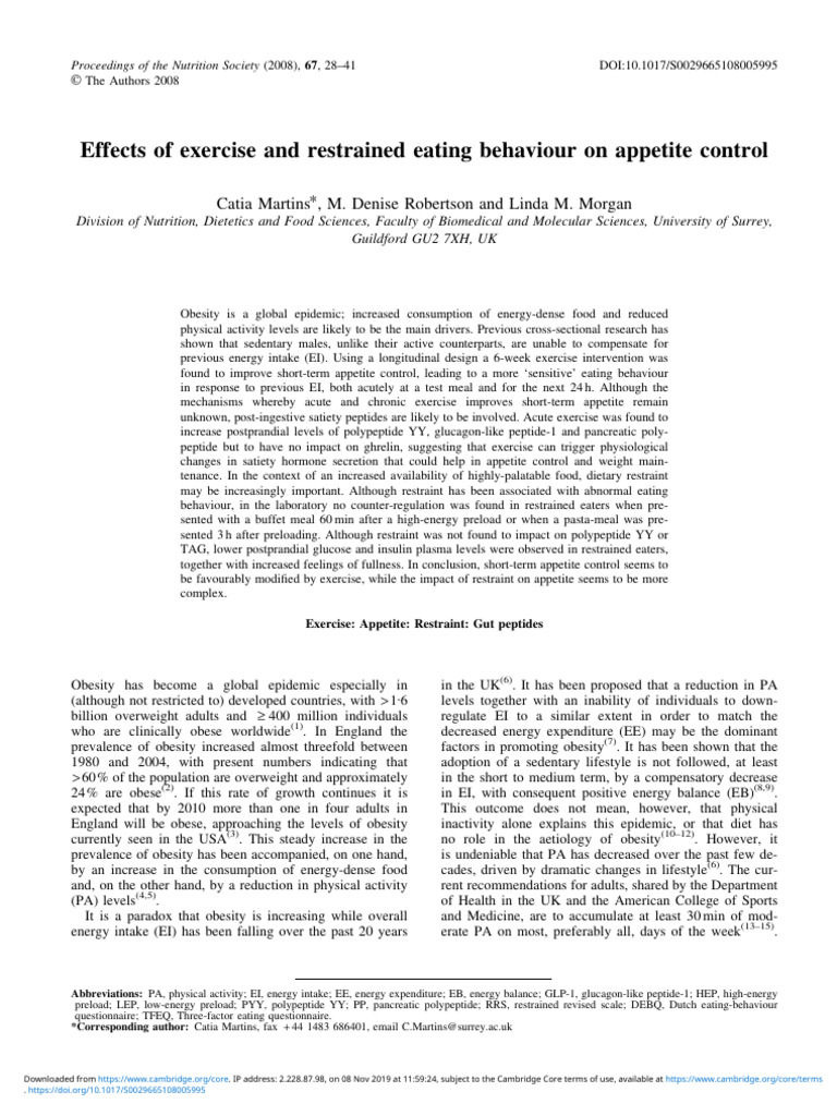 Effects of Exercise and Restrained Eating Behaviour On Appetite Control ...
