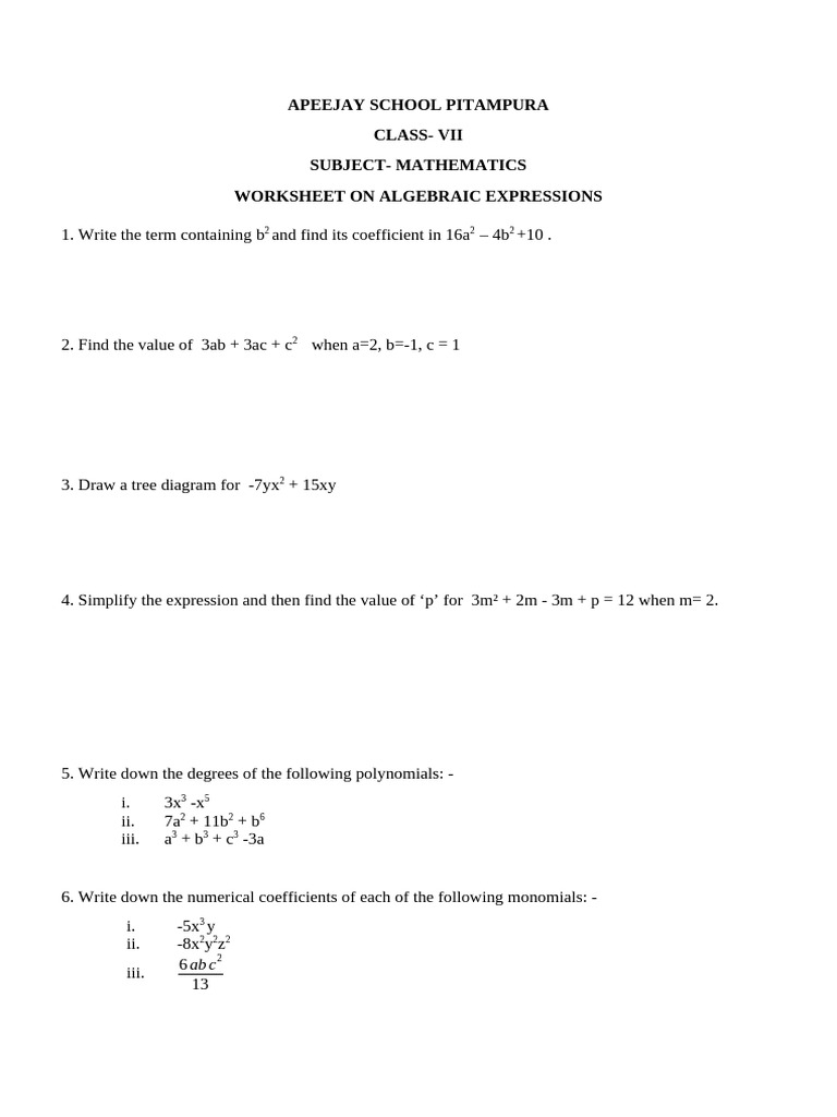 Worksheet on algebraic expressions pdf