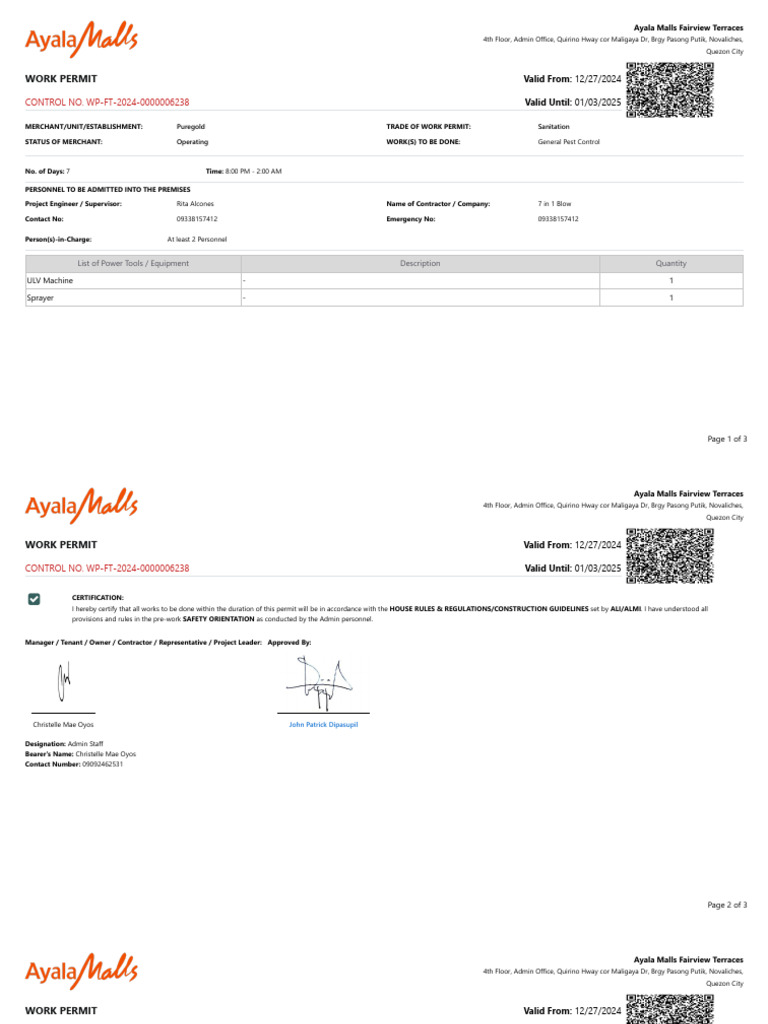 Puregold Pest Control Work Permit | PDF | Safety | Occupational Safety ...