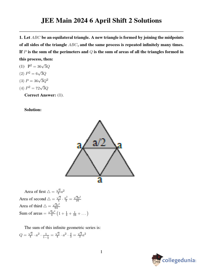 Watermarked JEE Main 2024 6 April Shift 2 Solutions | PDF | Area ...