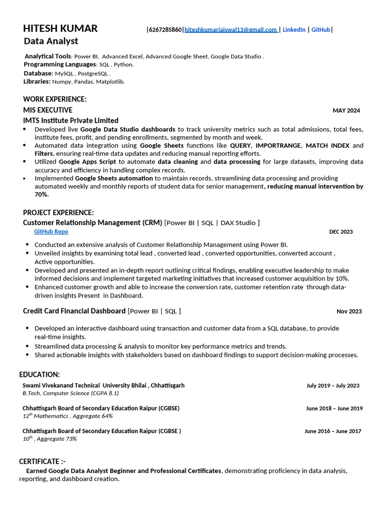 Data Analyst Resume: Power BI & SQL | PDF | Databases | Customer ...