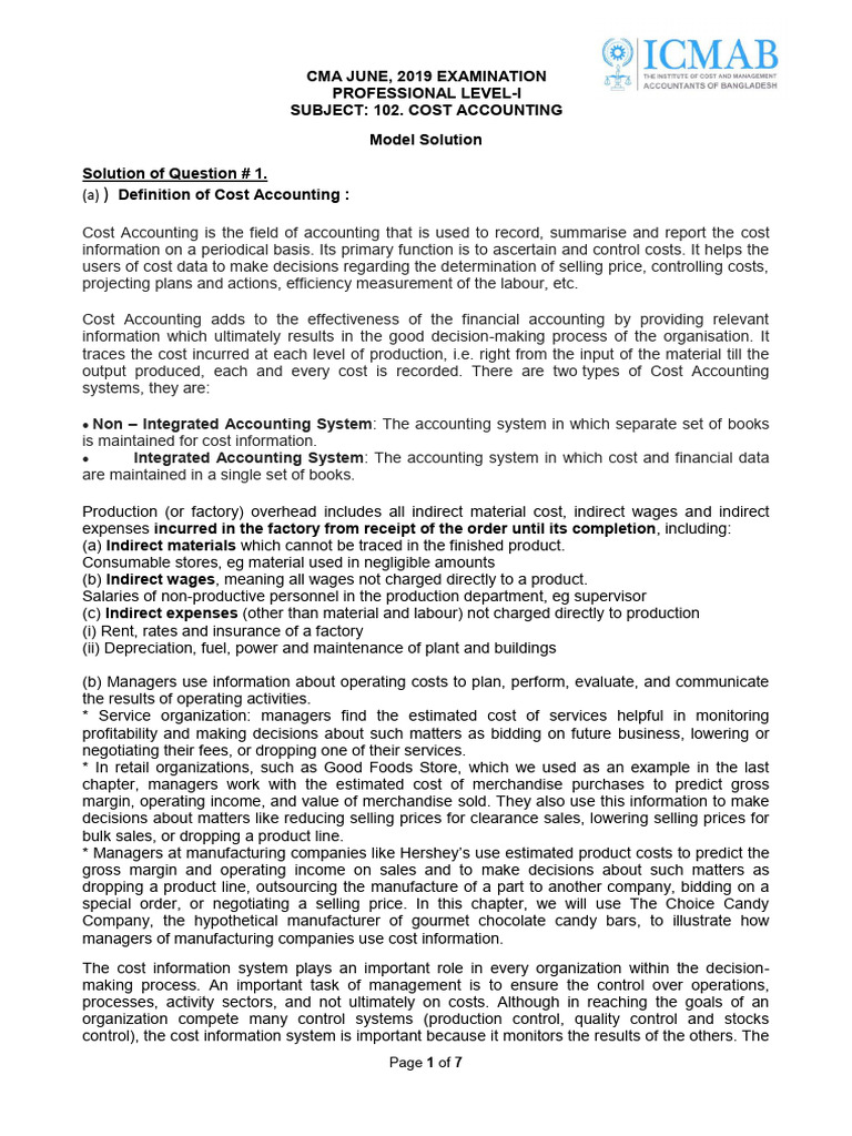 Cost Accounting Model Solutions 2019 | PDF | Cost Of Goods Sold | Inventory