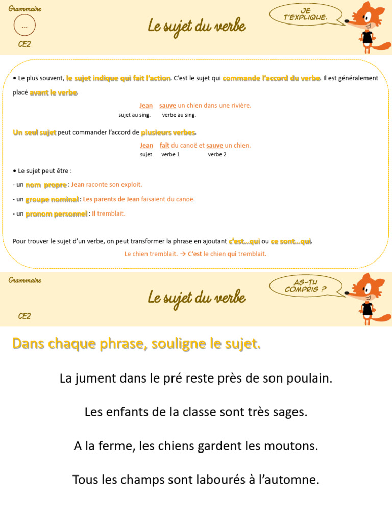 Sujet et verbe en CE2 : Guide pratique | PDF