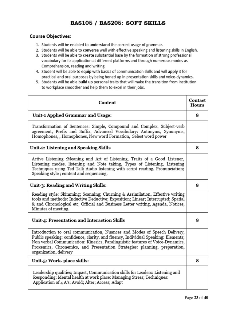 BTech 1st Year Soft Skills Syllabus | PDF | Communication | Linguistics