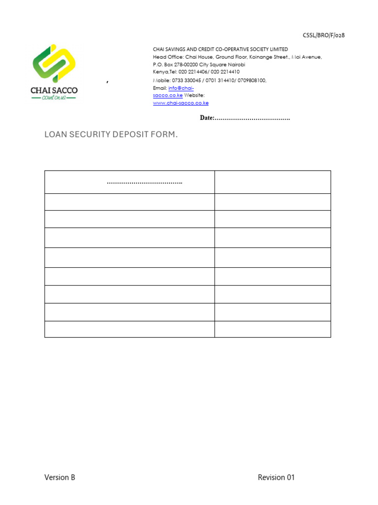 Loan Security Deposit Form Pdf