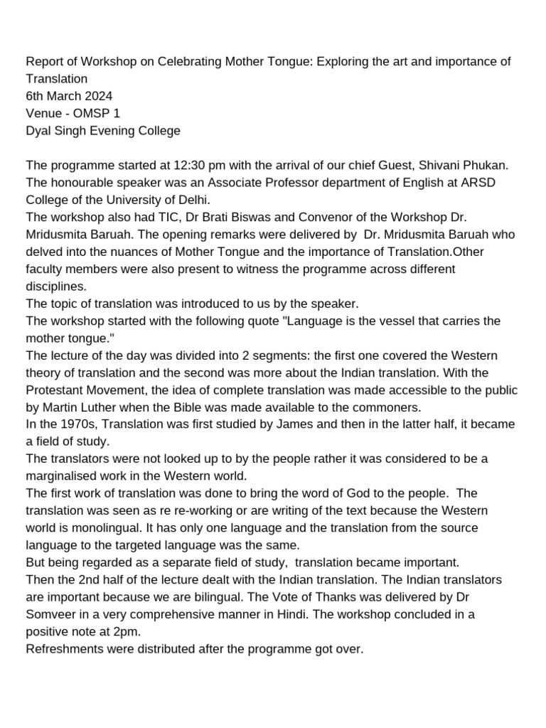 Mother Tongue Workshop: Importance of Translation | PDF