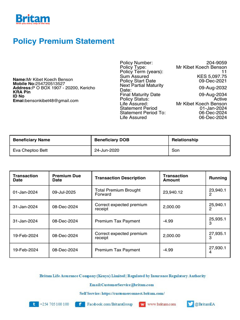 Premium Statement - 204-9059 | PDF | Payments | Money