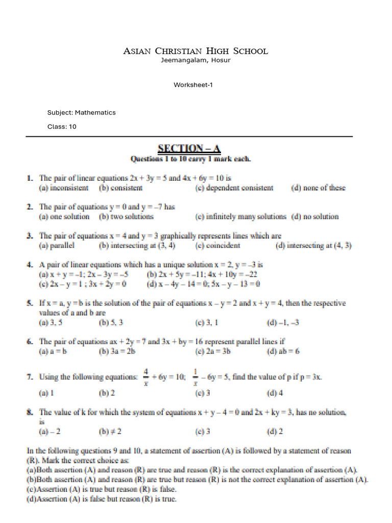 Class 10 Math Worksheet - ASIAN CHRISTIAN HS | PDF